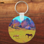 Paarden in een regenbooggekleurd veld sleutelhanger (Voorkant)