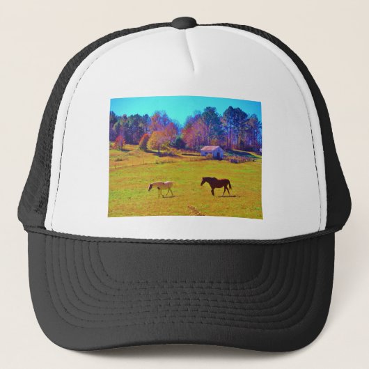 Paarden in een regenbooggekleurd veld trucker pet (Voorkant)