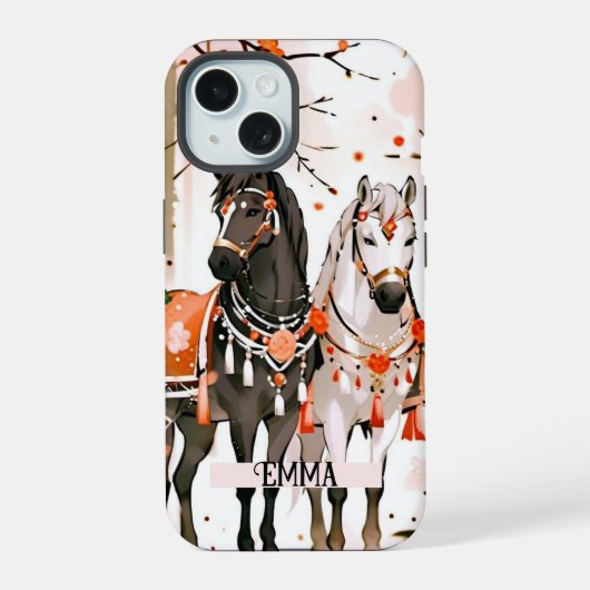 Paarden in een rood bos aangepaste naam iPhone 15 case (Achterkant)