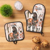 Paarden in een rood bos aangepaste naam ovenwant & pannenlap set (Top down)