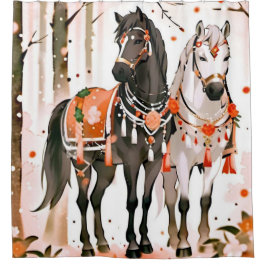 Paarden in een rood bos douchegordijn