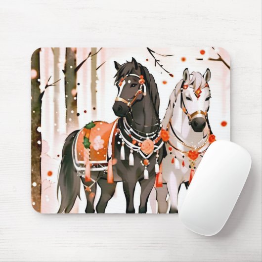 Paarden in een rood bos muismat (Met muis)