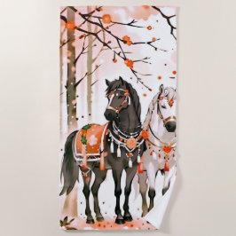 Paarden in een rood bos strandlaken