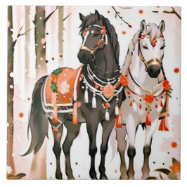 Paarden in een rood bos tegeltje