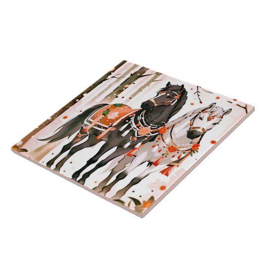 Paarden in een rood bos tegeltje (Zijkant)