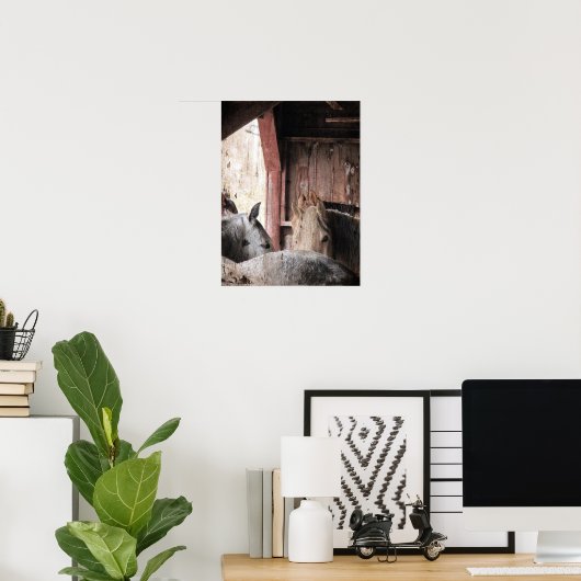 Paarden in een schuur op een regenachtige dag poster (Thuiskantoor)