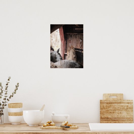 Paarden in een schuur op een regenachtige dag poster (Keuken)