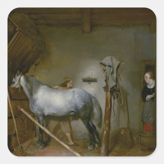 Paarden in een Stable, c.1652-54 (olie op het pane Vierkante Sticker (Voorkant)