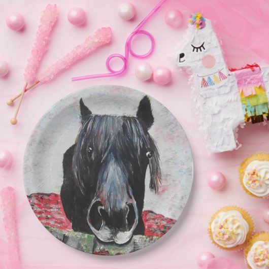 Paarden in een veld met ruitenschilderster papieren bordje (Feest)