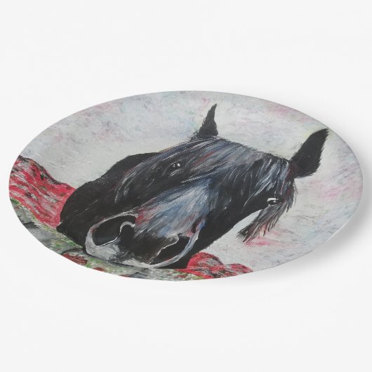 Paarden in een veld met ruitenschilderster papieren bordje (Gekanteld)