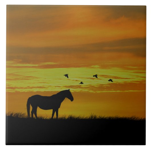 Paarden in Golden Sunset met vogels Tegeltje (Voorkant)
