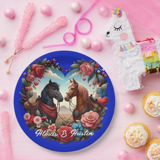 Paarden in Heart Blue Papieren Bordje (Feest)