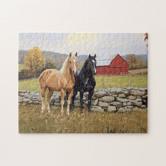 Paarden in het veld Rustiek Boerderij Legpuzzel (Horizontaal)
