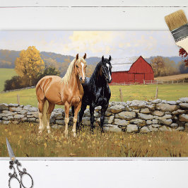 Paarden in het veld Rustieke Boerderij Decoupage Tissuepapier