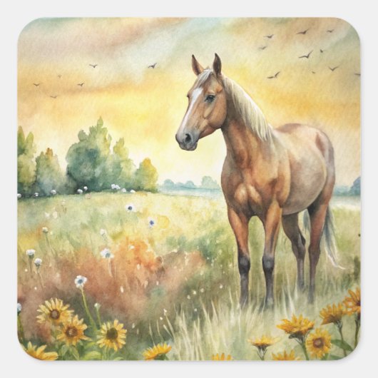 Paarden in het veld vierkante sticker (Voorkant)