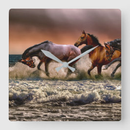 Paarden in Oceaan Foto bij Zonsondergang Wandklok