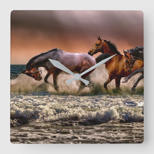 Paarden in oceaanfoto bij Sunset Wall Clock Vierkante Klok (Voorkant)