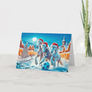 Paarden in Santa Hats Spelen Voetbal Kerst Kaart
