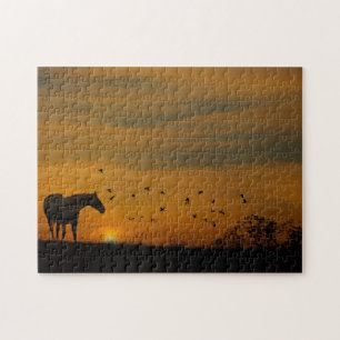 Paarden in Sunset met vogels Legpuzzel