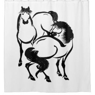 Paarden Japanse Sumi-e die uw aangepaste kleur sch Douchegordijn