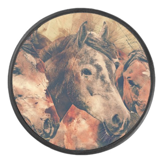 Paarden Kunstmatige Waterverf schilderen decoratie Hockey Puck (Voorkant)