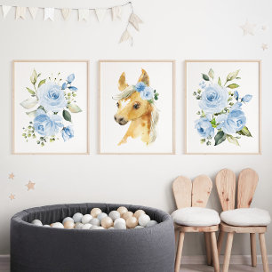Paarden, landbouwhuisdieren, blauwe bloemen, jonge muurkunst sets
