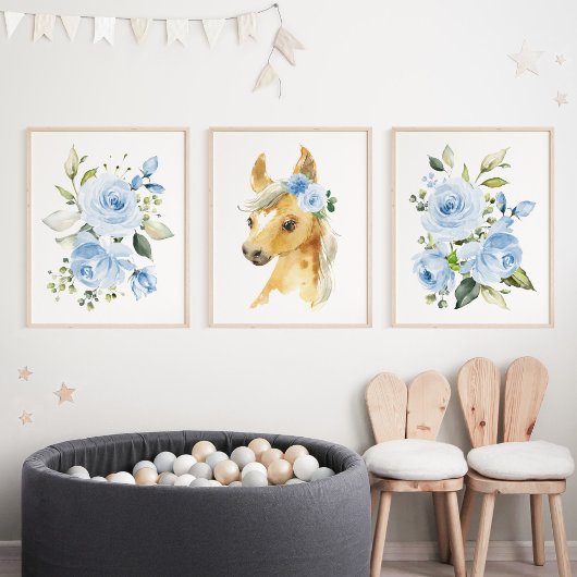 Paarden, landbouwhuisdieren, blauwe bloemen, jonge muurkunst sets