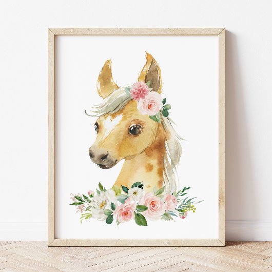 Paarden, landbouwhuisdieren, roze bloemen, meisjes poster
