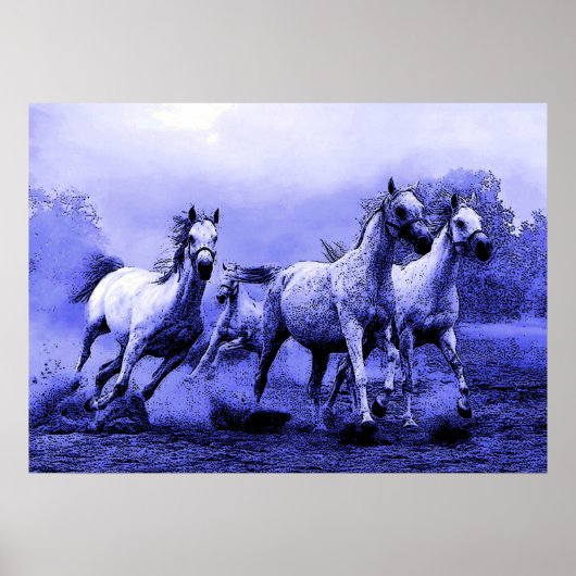 Paarden lopen in een blauw nachtkunstwerk poster (Voorkant)