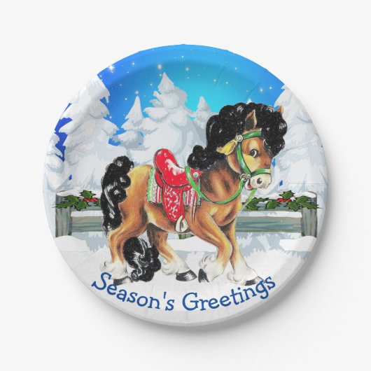 Paarden met rode zadelwintersceen papieren bordje (Voorkant)