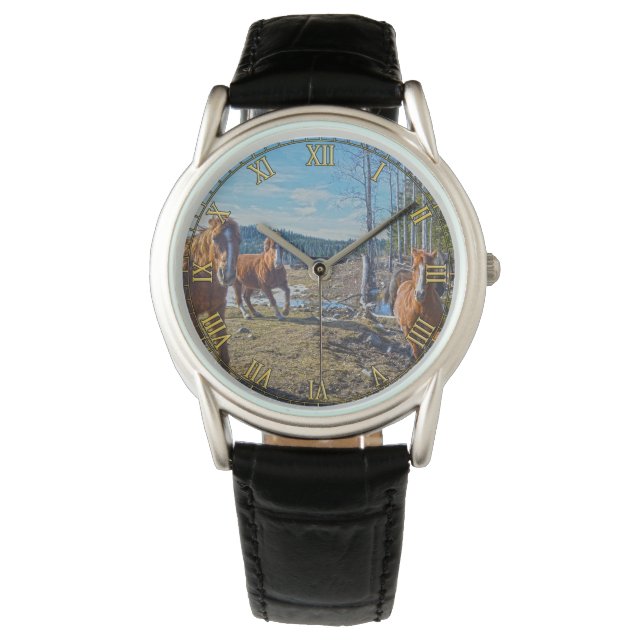Paarden met wervelingen in de Natuur van Equinelie Horloge (Voorkant)