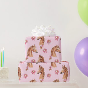 Paarden Mooie Roze Rozen Bloemslingers Verjaardag Cadeaupapier
