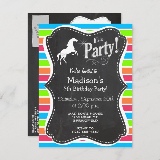 Paarden; Neon Oranje roze blauwe strepen Uitnodiging Briefkaart (Voorkant / Achterkant)