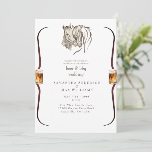 Paarden Nuzzling Bier & BBQ bruiloft uitnodiging (Staand voorkant)