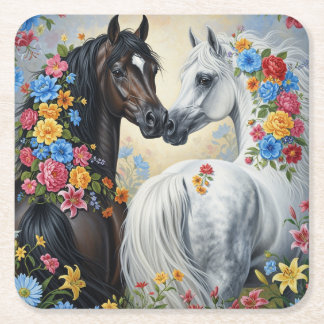 Paarden omlijst door bloemen Onderzetter