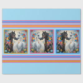 Paarden omlijst met bloemen inpakpapier