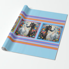 Paarden omlijst met bloemen inpakpapier