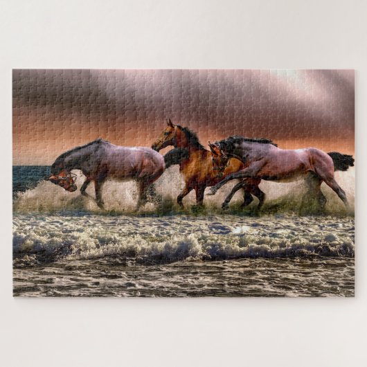 Paarden op een schuimend Zee Legpuzzel (Horizontaal)
