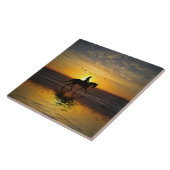 Paarden op het strand bij zonsondergang tegeltje (Zijkant)