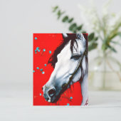 Paarden Rd Achtergrond Blauwe Bloemen Briefkaart (Staand voorkant)