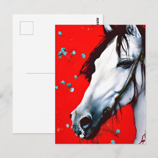 Paarden Rd Achtergrond Blauwe Bloemen Briefkaart (Voorkant / Achterkant)