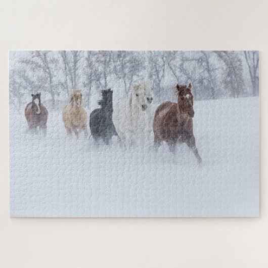 Paarden rennen door de sneeuw legpuzzel (Horizontaal)