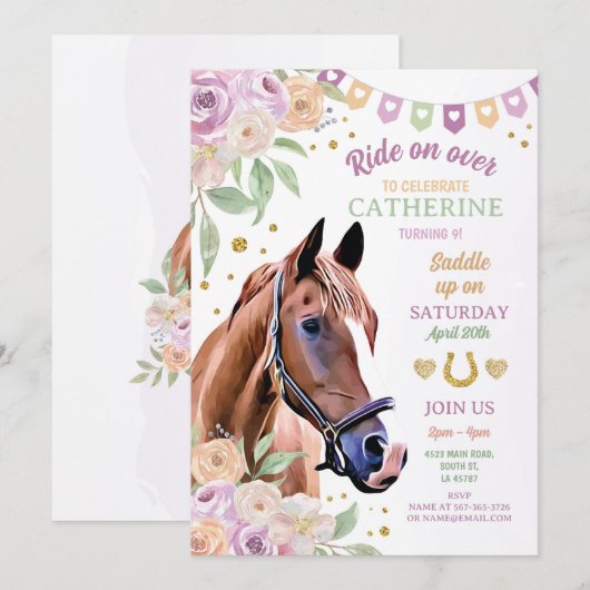 Paarden Riding Lila Pony Bloemenmeisje Birthday Kaart (Voorkant / Achterkant)