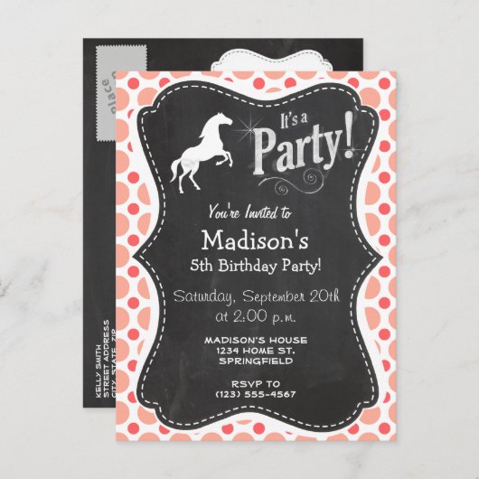 Paarden; Roze en koraalpokadots Uitnodiging Briefkaart (Voorkant / Achterkant)