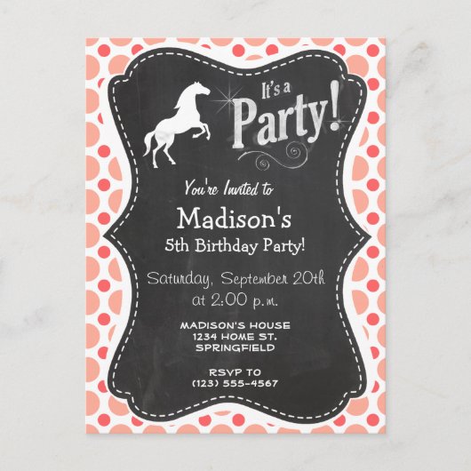 Paarden; Roze en koraalpokadots Uitnodiging Briefkaart (Voorkant)