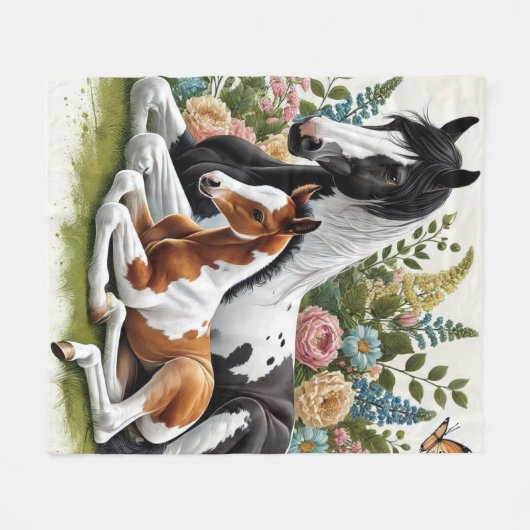Paarden rusten tussen levendige bloemen en groen fleece deken (Voorkant (Horizontaal))