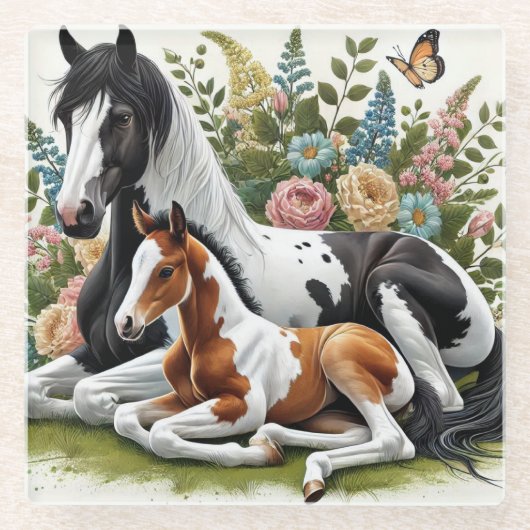 Paarden rusten tussen levendige bloemen en groen glazen onderzetter (Voorkant)