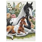 Paarden rusten tussen levendige bloemen en groen klembord (Achterkant)