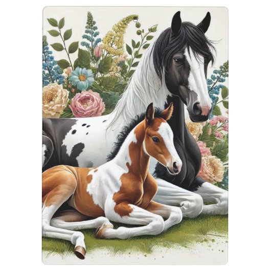 Paarden rusten tussen levendige bloemen en groen klembord (Achterkant)