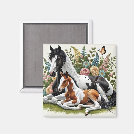 Paarden rusten tussen levendige bloemen en groen magneet (Voorkant / Achterkant)